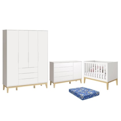 Dormitório Infantil Elfe Classic Guarda Roupa, Cômoda 1 Porta, Berço Noah Branco Pés Madeira Natural e Colchão - Reller Móveis 