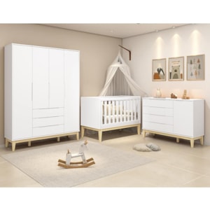 Dormitório Infantil Elfe Classic Guarda Roupa, Cômoda 1 Porta, Berço Noah Branco Pés Madeira Natural e Colchão D18 - Reller Móveis 