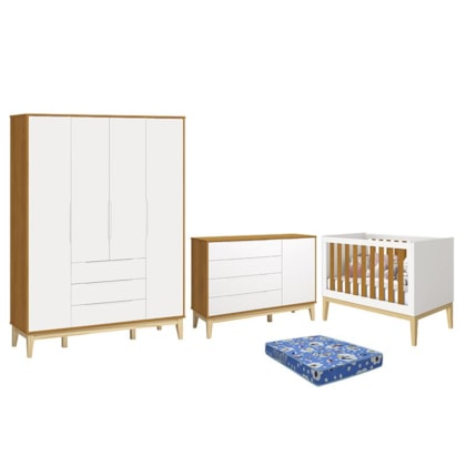 Dormitório Infantil Elfe Classic Guarda Roupa, Cômoda 1 Porta, Berço Noah Branco/Savana Pés Madeira Natural e Colchão - Reller Móveis 