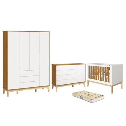 Dormitório Infantil Elfe Classic Guarda Roupa, Cômoda 1 Porta, Berço Noah Branco/Savana Pés Madeira Natural e Colchão D18 - Reller Móveis 