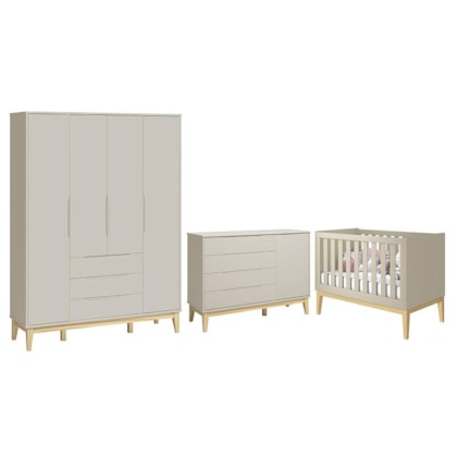 Dormitório Infantil Elfe Classic Guarda Roupa, Cômoda 1 Porta e Berço Noah Areia com Pés Madeira Natural - Reller Móveis 