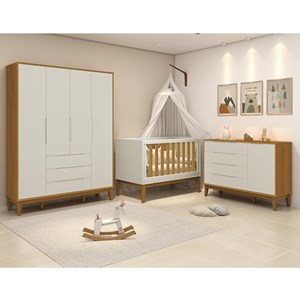 Dormitório Infantil Elfe Classic Guarda Roupa, Cômoda 1 Porta e Berço Noah Areia/Savana com Pés Amadeirado - Reller Móveis 