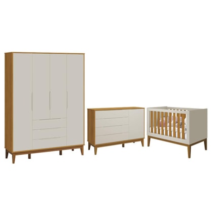 Dormitório Infantil Elfe Classic Guarda Roupa, Cômoda 1 Porta e Berço Noah Areia/Savana com Pés Amadeirado - Reller Móveis 