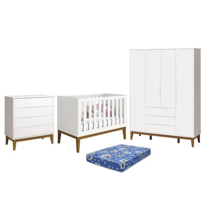 Dormitório Infantil Elfe Classic Guarda Roupa, Cômoda, Berço Noah Branco com Pés Amadeirado com Colchão - Reller Móveis 