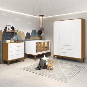 Dormitório Infantil Elfe Classic Guarda Roupa, Cômoda e Berço Noah Branco/Savana com Pés Amadeirado - Reller Móveis 