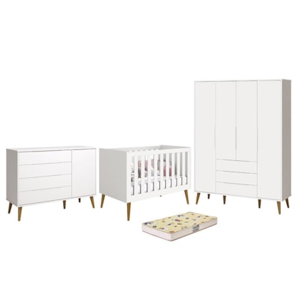 Dormitório Infantil Elfe Retrô Guarda Roupa, Cômoda 1 Porta, Berço Noah Branco com Pés Amadeirado e Colchão D18 - Reller Móveis 