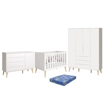 Dormitório Infantil Elfe Retrô Guarda Roupa, Cômoda 1 Porta, Berço Noah Branco com Pés Madeira Natural e Colchão - Reller Móveis