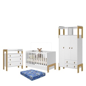 Dormitório Infantil Fantasia Guarda Roupa, Cômoda e Berço Branco Acetinado com Colchão Baby Physical - Qmovi