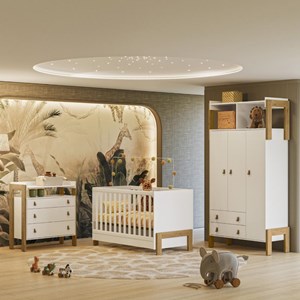 Dormitório Infantil Fantasia Guarda Roupa, Cômoda e Berço Branco Acetinado - Qmovi