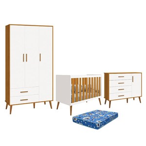 Dormitório Infantil Isis Guarda Roupa 3 Portas, Cômoda 1 Porta e Berço Branco/Savana com Colchão - Reller Móveis 