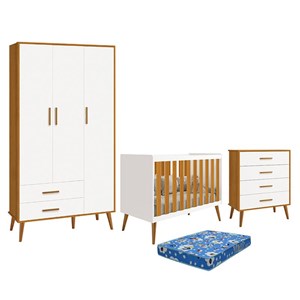 Dormitório Infantil Isis Guarda Roupa 3 Portas, Cômoda e Berço Branco/Savana com Colchão - Reller Móveis  