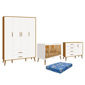 Dormitório Infantil Isis Guarda Roupa 4 Portas, Cômoda 1 Porta e Berço Branco/Savana com Colchão - Reller Móveis 
