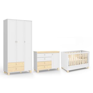 Dormitório Infantil Rope Guarda Roupa 3 Portas, Cômoda 1 Porta e Berço Branco Soft/Natural - Matic Móveis