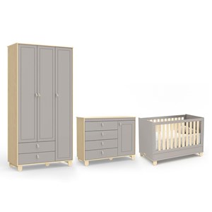 Dormitório Infantil Rope Guarda Roupa 3 Portas, Cômoda 1 Porta e Berço Cinza/Natural - Matic Móveis