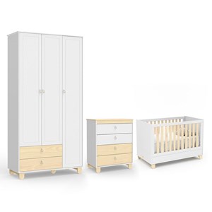 Dormitório Infantil Rope Guarda Roupa 3 Portas, Cômoda e Berço Natural/Branco Soft - Matic Móveis