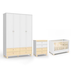 Dormitório Infantil Rope Guarda Roupa 4 Portas, Cômoda e Berço Natural/Branco Soft - Matic Móveis