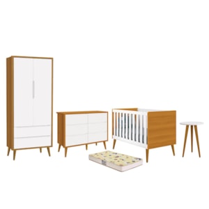 Dormitório Infantil Theo 2 Portas, Cômoda 6 Gavetas, Berço, Mesa de Canto Branco/Savana com Pés Amadeirado e Colchão - Reller Móveis