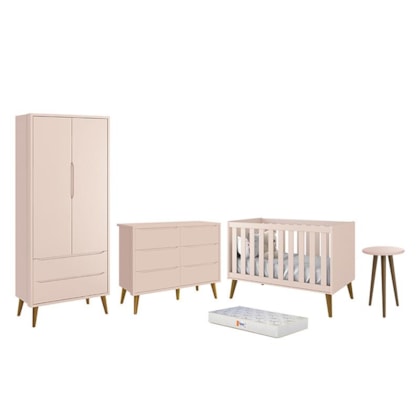 Dormitório Infantil Theo 2 Portas, Cômoda 6 Gavetas, Berço, Mesa de Canto Rosa Fosco com Pés Amadeirado e Colchão - Reller Móveis