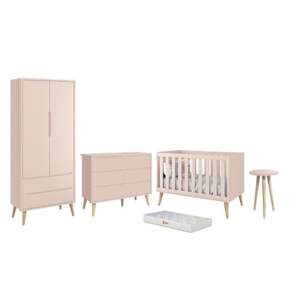 Dormitório Infantil Theo 2 Portas, Cômoda 6 Gavetas, Berço, Mesa de Canto Rosa Fosco com Pés Madeira Natural e Colchão - Reller Móveis 