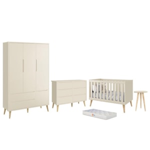 Dormitório Infantil Theo 3 Portas, Cômoda 6 Gavetas, Berço, Mesa de Canto Areia Fosco com Pés Madeira Natural e Colchão - Reller Móveis 