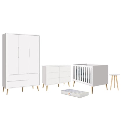 Dormitório Infantil Theo 3 Portas, Cômoda 6 Gavetas, Berço, Mesa de Canto Branco Fosco com Pés Madeira Natural e Colchão - Reller Móveis 