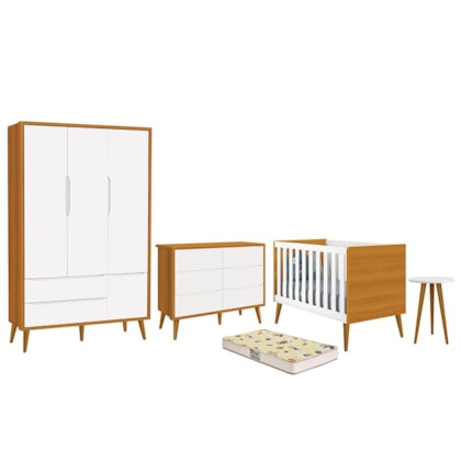 Dormitório Infantil Theo 3 Portas, Cômoda 6 Gavetas, Berço, Mesa de Canto Branco/Savana com Pés Amadeirado e Colchão - Reller Móveis