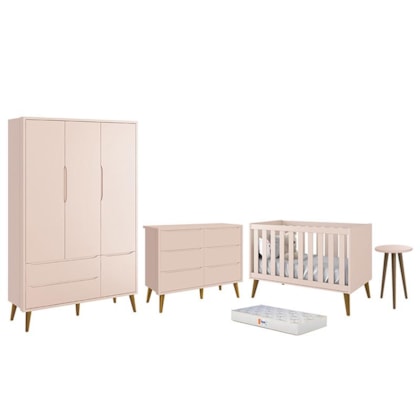 Dormitório Infantil Theo 3 Portas, Cômoda 6 Gavetas, Berço, Mesa de Canto Rosa Fosco com Pés Amadeirado e Colchão - Reller Móveis