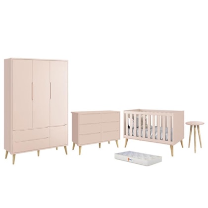 Dormitório Infantil Theo 3 Portas, Cômoda 6 Gavetas, Berço, Mesa de Canto Rosa Fosco com Pés Madeira Natural e Colchão - Reller Móveis 