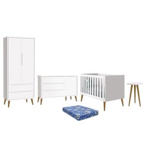 Dormitório Infantil Theo Retrô 2 Portas, Cômoda 1 Porta, Berço, Mesa de Apoio Branco Fosco com Pés Amadeirado e Colchão - Reller Móveis