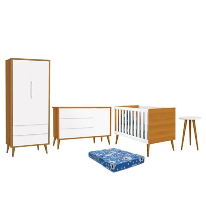 Dormitório Infantil Theo Retrô 2 Portas, Cômoda 1 Porta, Berço, Mesa de Apoio Branco/Savana com Pés Amadeirado e Colchão - Reller Móveis