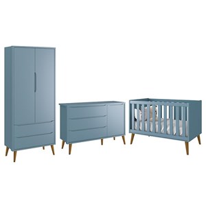 Dormitório Infantil Theo Retrô 2 Portas, Cômoda 1 Porta e Berço Azul Fosco com Pés Amadeirado - Reller Móveis