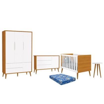 Dormitório Infantil Theo Retrô 3 Portas, Cômoda 1 Porta, Berço, Mesa de Apoio Branco/Savana com Pés Amadeirado e Colchão - Reller Móveis