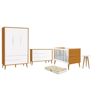 Dormitório Infantil Theo Retrô 3 Portas, Cômoda 1 Porta, Berço, Mesa de Apoio Branco/Savana com Pés Amadeirado e Colchão D18 - Reller Móveis