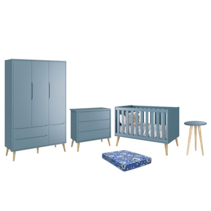 Dormitório Infantil Theo Retrô 3 Portas, Cômoda, Berço, Mesa de Apoio Azul Fosco com Pés Madeira Natural e Colchão - Reller Móveis 