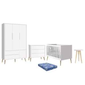 Dormitório Infantil Theo Retrô 3 Portas, Cômoda, Berço, Mesa de Apoio Branco Fosco com Pés Madeira Natural e Colchão - Reller Móveis 