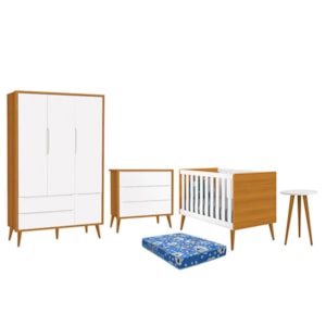 Dormitório Infantil Theo Retrô 3 Portas, Cômoda, Berço, Mesa de Apoio Branco/Savana com Pés Amadeirado e Colchão - Reller Móveis