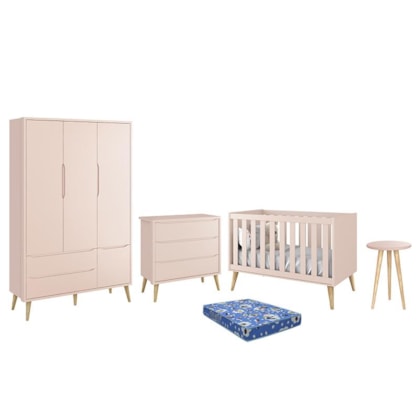 Dormitório Infantil Theo Retrô 3 Portas, Cômoda, Berço, Mesa de Apoio Rosa Fosco com Pés Madeira Natural e Colchão - Reller Móveis 