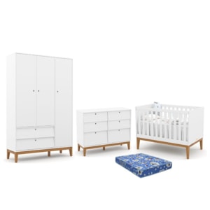 Dormitório Infantil Unique 3 Portas, Cômoda 6 Gavetas, Berço Branco Soft/Eco Wood com Colchão - Matic Móveis 