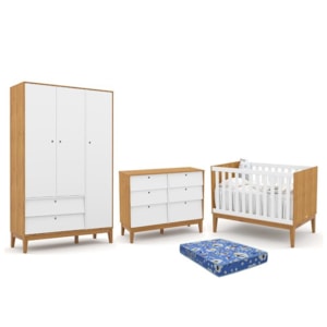 Dormitório Infantil Unique 3 Portas, Cômoda 6 Gavetas, Berço Freijó/Branco Soft/Eco Wood com Colchão - Matic Móveis 