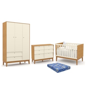 Dormitório Infantil Unique 3 Portas, Cômoda 6 Gavetas, Berço Freijó/Off White/Eco Wood com Colchão - Matic Móveis 