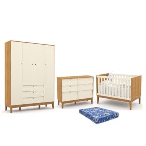 Dormitório Infantil Unique 4 Portas, Cômoda 6 Gavetas, Berço Freijó/Off White/Eco Wood e Colchão - Matic Móveis 