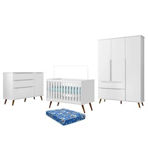 Dormitório Melinda Guarda Roupa, Cômoda e Berço Retrô Branco Acetinado com Colchão Physical - Phoenix Baby