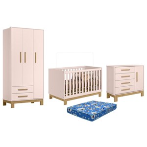 Dormitório Q Encanto Slim Guarda Roupa, Cômoda e Berço Rosa Acetinado com Colchão Baby Physical - Qmovi