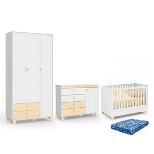 Dormitório Rope Guarda Roupa 3 Portas, Cômoda 1 Porta e Berço Natural/Branco Soft com Colchão Baby Physical - Matic Móveis