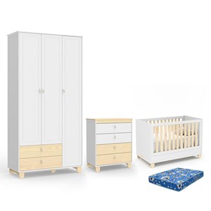 Dormitório Rope Guarda Roupa 3 Portas, Cômoda e Berço Natural/Branco Soft com Colchão Baby Physical - Matic Móveis