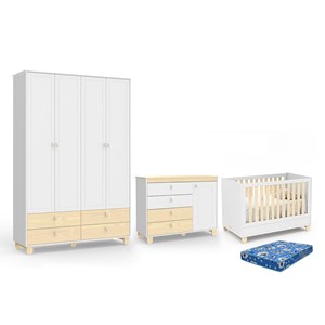 Dormitório Rope Guarda Roupa 4 Portas, Cômoda 1 Porta e Berço Natural/Branco Soft com Colchão Baby Physical - Matic Móveis  
