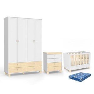 Dormitório Rope Guarda Roupa 4 Portas, Cômoda e Berço Natural/Branco Soft com Colchão Baby Physical - Matic Móveis