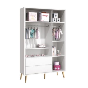 Dormitório Theo 3 Portas, Cômoda 6 Gavetas, Berço, Mesa de Canto Branco Fosco com Pés Madeira Natural e Colchão - Reller Móveis