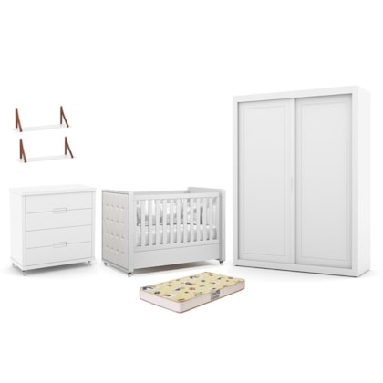 Dormitório Tutto 2 Portas, Cômoda, Berço Branco Soft com Capitonê, Colchão Supreme e Prateleiras - Matic Móveis