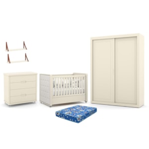 Dormitório Tutto 2 Portas, Cômoda, Berço Off White com Capitonê, Colchão Physical e Prateleiras - Matic Móveis